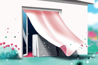 Illustration of a box fan placed by a door blowing air outdoors.