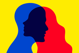 A blue silhouette of a bald person overlapping a red silhouette of a long-haired person, all on a yellow background.