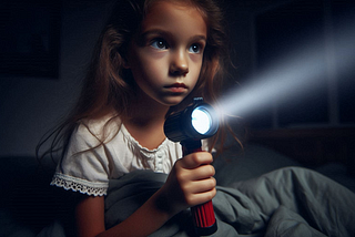 Child holding a flashlight in a dark room, creating a beam of light that illuminates the surroundings, showcasing curiosity and exploration.