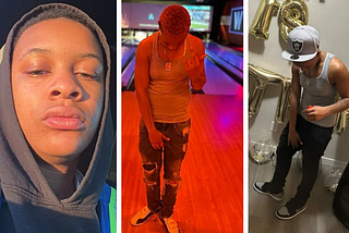 three photos of Kalaya Morton. one in a hoodie. one appears to be at a bowling alley. one by balloon letters spelling ‘happy birthday 18’.