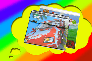 A photo illustration of 2 vintage Trapper Keeper binders with a car image, placed within a thought bubble.