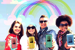 4 people holding out cellphones in front of an illustrated pastel rainbow.