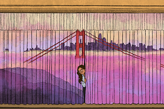 A person peeking out of stage curtains that are decorated with the Golden Gate Bridge + the city obscured by fog at twilight.