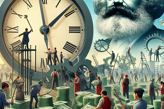 An image of many workers labouring to create money, under the shadow of a giant clock, while the spectre of Karl Marx watches on from a distance.