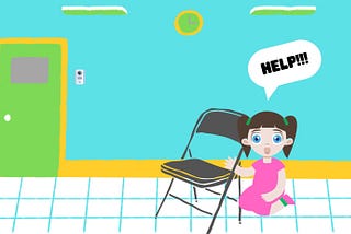 A girl in the middle of a classroom kneeling by a folding chair yelling “HELP”