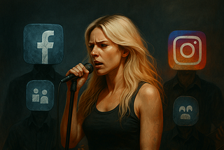 Depiction of Emily Armstrong, lead singer of Linkin Park, holding a mic about to sing and dated tech logos like Facebook and MySpace floating. Instagram stands out visually with their signature warm sunset gradient.