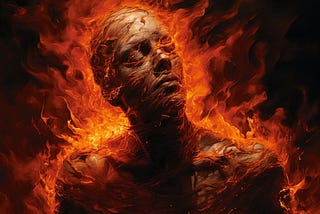 A close-up of a man on fire with his eyes closed, looking serene.
