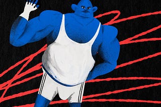 Illustration of a really buff blue-skinned athletic person against a black background with red squiggles.