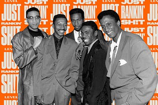 A black and white photo collage of the members of The Five Heartbeats.