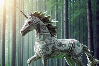 A unicorn made of money standing in a forest, created with AI