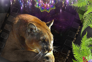 The head and paws of a golden panther, resting in the sun before a dark and rocky background are seen to the left. To the right are sunlit fern fronds, creating a vivid contrast with the dark background. At the top, colorful and mysterious lights glow along the edge.
