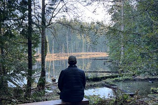 Man sitting on bench in front of lake surrounded by forest