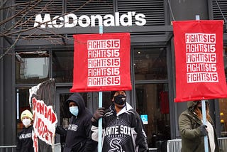 Demonstrators participate in a protest outside of McDonald’s corporate headquarters on January 15, 2021 in Chicago, Illinois.