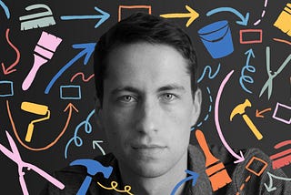 A close-up portrait of Nick Huber with 2D illustrations of paintbrushes, buckets, arrows, and hammers surrounding his face.