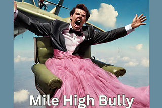 A man falls from a plan in a seat and pink skirt