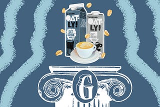 Two cartons of Oatly milk and a cup of cappuccino floating above a pedestal with the letter “G” engraved.
