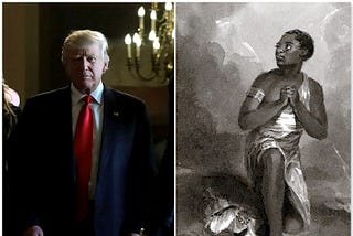 Left image is Donald Trump obscured by low lighting, right image is a black and white illustration of a praying Black woman.