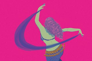 An illustration of the back of a woman belly dancing, against a deep fuschia background.