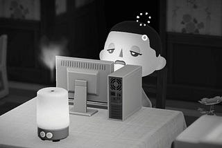 A black and white screenshot from Animal Crossing: New Horizons. The player villager looks dazed in front of a computer.
