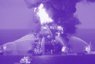 A photo illustration of the Deepwater Horizon oil rig in flames, with fire crews trying to put it out.