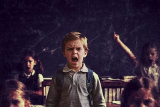 Picture of a young angry boy yelling in the middle of a classsroom.