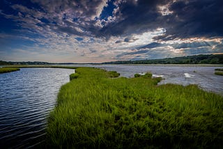 a lush green marsh and waterways under a colorful and cloudy sky