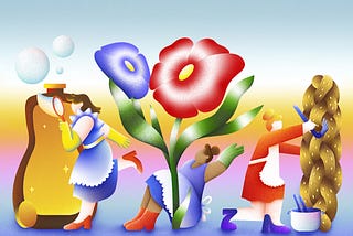 An illustration of three women characters cleaning, gardening, and doing other household chores.