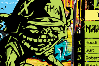 A screengrab from Odd Gobs. A green-black goblin rides a moped or bicycle. He wears a helmet with an x and “J-Mon” written on it. Behind him is a graffitied walled. Segments of game rules and tables are cut off.