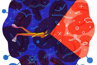 An illustration where a person in a diving suit is swimming through a blue SARS-CoV-2 with a flashlight that shines red.