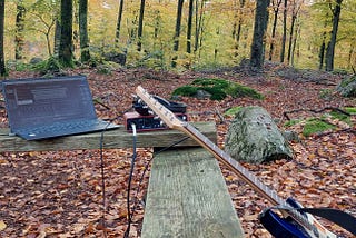 Guitar, computer, soundcard and headphones on bench in autumn forest