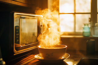 A steaming bowl of soup sits on a plate in front of a microwave in a warmly lit kitchen. Sunlight streams through a window, casting a golden glow over the scene. The steam rising from the bowl creates a cozy and inviting atmosphere, highlighting the warmth and comfort of a home-cooked meal.