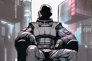 A shadowy seated figure in a futuristic suit