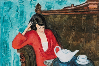 Painting by Hungarian artist Robert Berény of a lady in a red dress, sitting on a couch next to a table with teapot and single tea cup