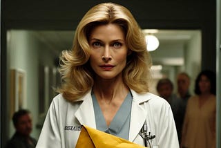 A female healthcare professional stands in a corridor, clutching a large, yellow envelope, an anxious but determined look in her eyes