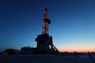 A view of the Rosneft oil rig drilling the first exploration well in the Khatanga Bay as part of the East Taimyr oilfield.