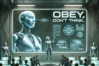 Picture of a dystopian classroom with teenagers being taught by a cyborg. The blackboard behind the robot reads “Obey, don’t think.”