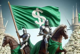 Two knights on horses wading through a sea of money with one holding a flag with a dollar sign symbol