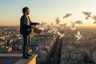 A fanciful AI-generated image of a man on a rooftop, releasing a basket full of white dove. This is an allegorical representation of me releasing all my Medium stories from behind the paywall.
