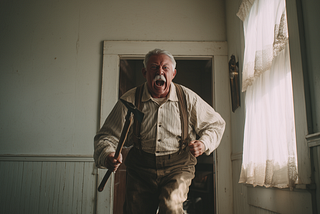 An elderly person in a vintage room wearing suspenders and a striped shirt, holding a hammer while walking. The space features wooden paneling and a lace-curtained window, evoking a historical or rustic setting.