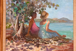 Oil painting of a young black woman and mature white woman, both in sun dresses. Sitting in the sand under the shade of a Seagrape tree on a beach in the tropics, ooking out at the turquoise-colored sea.