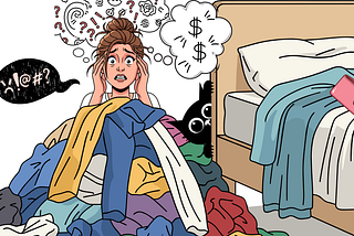 A humorous and chaotic cartoon illustration of an exasperated woman holding her head in panic next to a bed. She is completely overwhelmed by a mountain of messy clothes, open exploded luggage, a pink wallet, and an anxious black cat peeking out from the side.