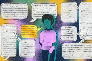 An illustration of a black person surrounded by text bubbles.