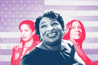 A photo collage of Susan Rice, Stacey Abrams, and Kamala Harris against a United States flag background.