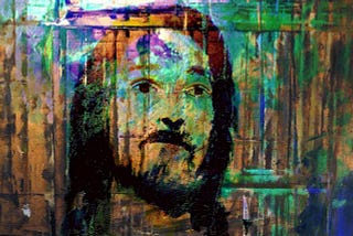 impressionistic face of Christ on a fence