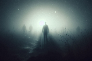 A moody, atmospheric landscape photograph shows a dark silhouetted figure standing in thick fog or mist. Behind them, two more shadowy figures are barely visible in the distance. A bright, diffused light source creates a hazy glow in the background, giving the scene an ethereal quality. The foreground shows what appears to be grass or reeds, and the overall color palette is dominated by cool, muted tones of blue-grey. The image evokes a sense of mystery, isolation, and otherworldliness.