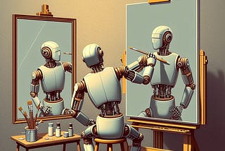 AI generated image of a robot painting a self-portrait while looking at itself in a mirror