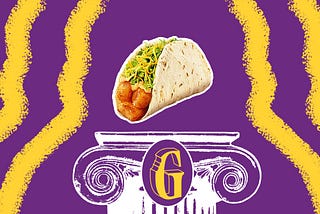 A photo illustration with Taco Bell’s cheesy potato soft taco floating above a white column. The column has the letter “G” embossed and is surrounded by streaks of purple and yellow.