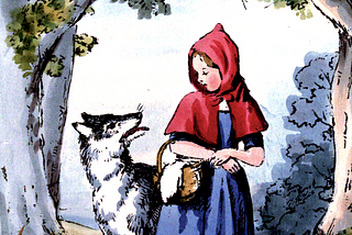 A cute watercolor illustration of Red Riding Hood and the Wolf looking at each other, as if to say, “Who are you?”