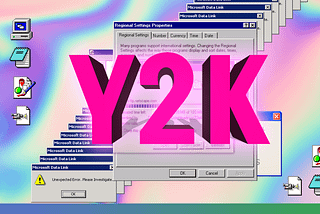 Y2K in big WordArt letters on top of a Windows 95 desktop with a ton of error messages and a rainbow gradient background.