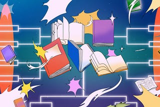 An illustration of 5 different books, some opened and others closed. Behind the books are sparkles and bracket style outline.